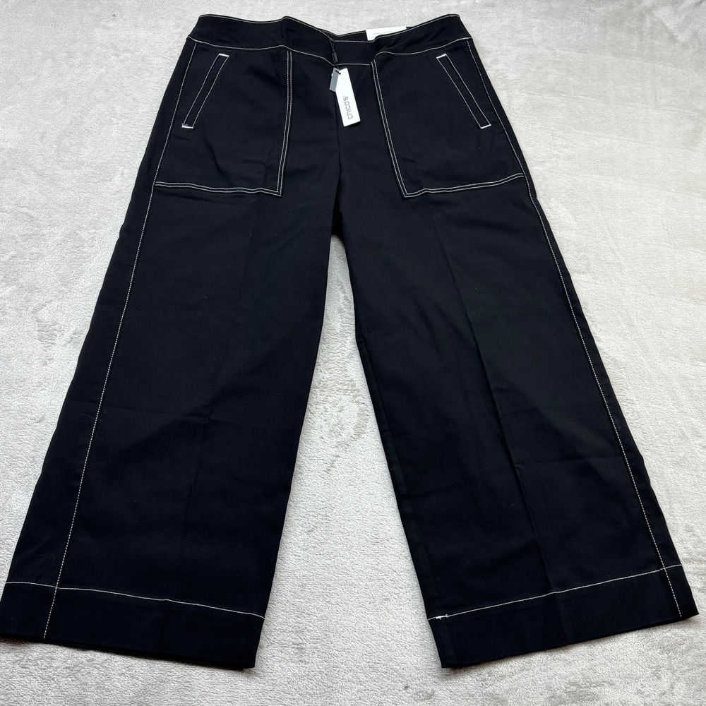 Chico's So Slimming Brigitte Crop Pants Women 2R Black Contrast Stitch Wide Leg